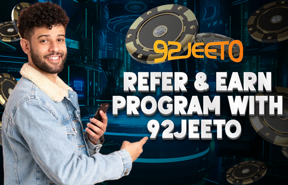 A picture of a man holding a phone, describing the 92Jeeto Refer & Earn Program.