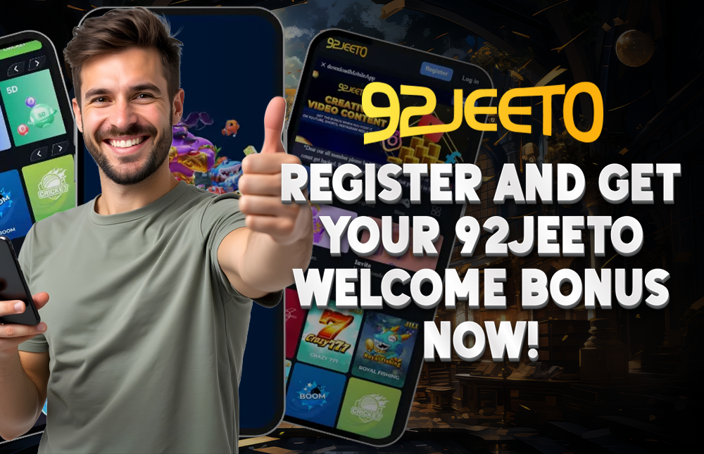 A picture of a happy man holding a cellphone, showing the welcome bonus.